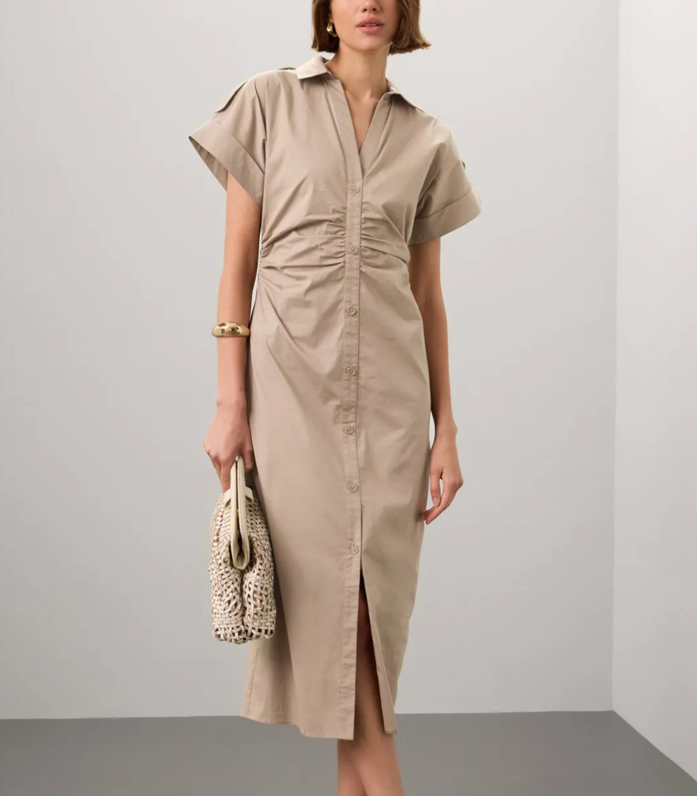 Saunders Khaki Beige Midi Shirt Dress SIZE 10 Ruched Career Cotton Designer $335